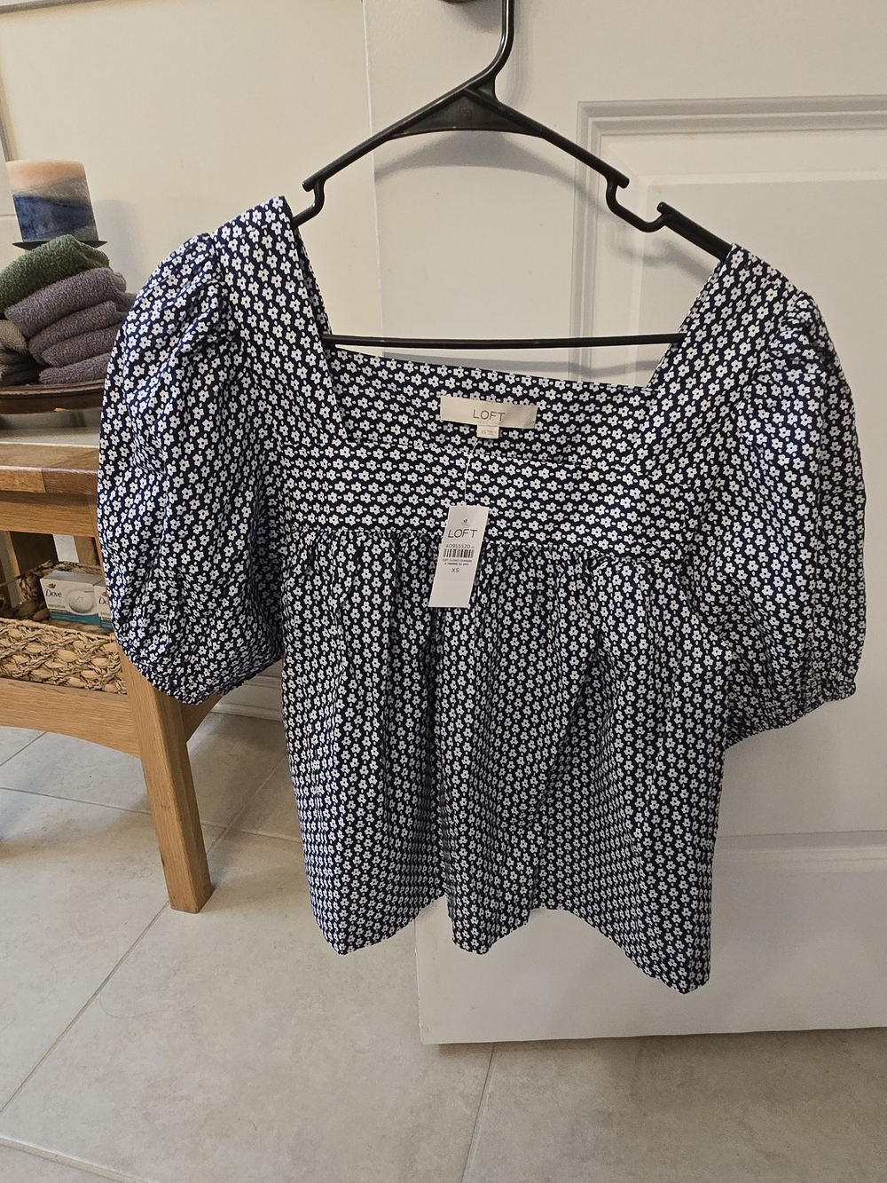 LOFT Navy and White Floral Puff-Sleeve Square-Neck Top